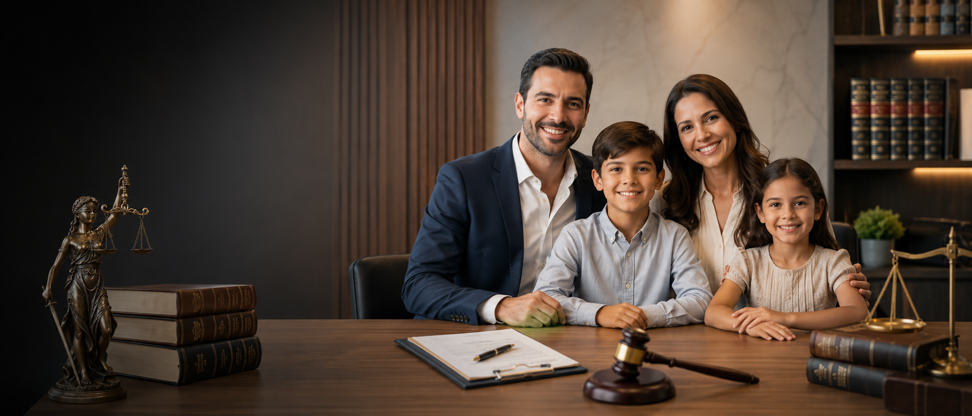 Imagen panorámica de familia completa con elementos alusivos al Derecho