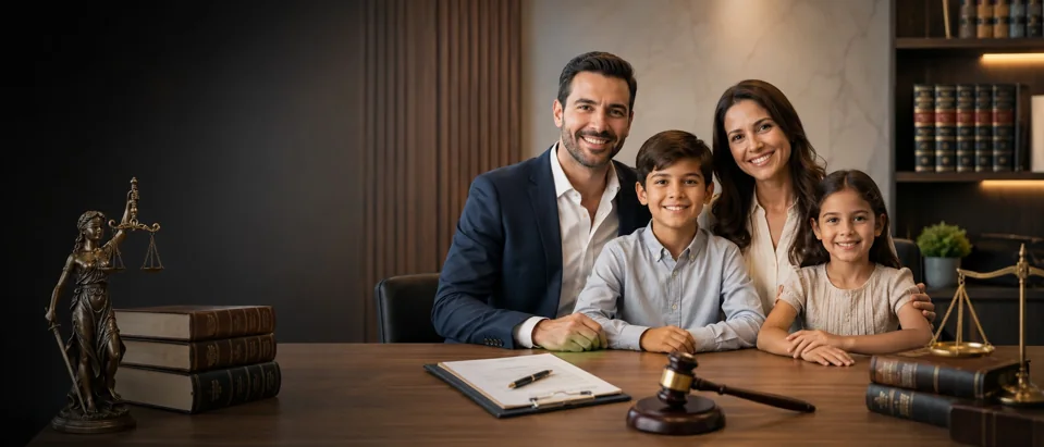 Familia acompañada por elementos que representan protección jurídica y patrimonial