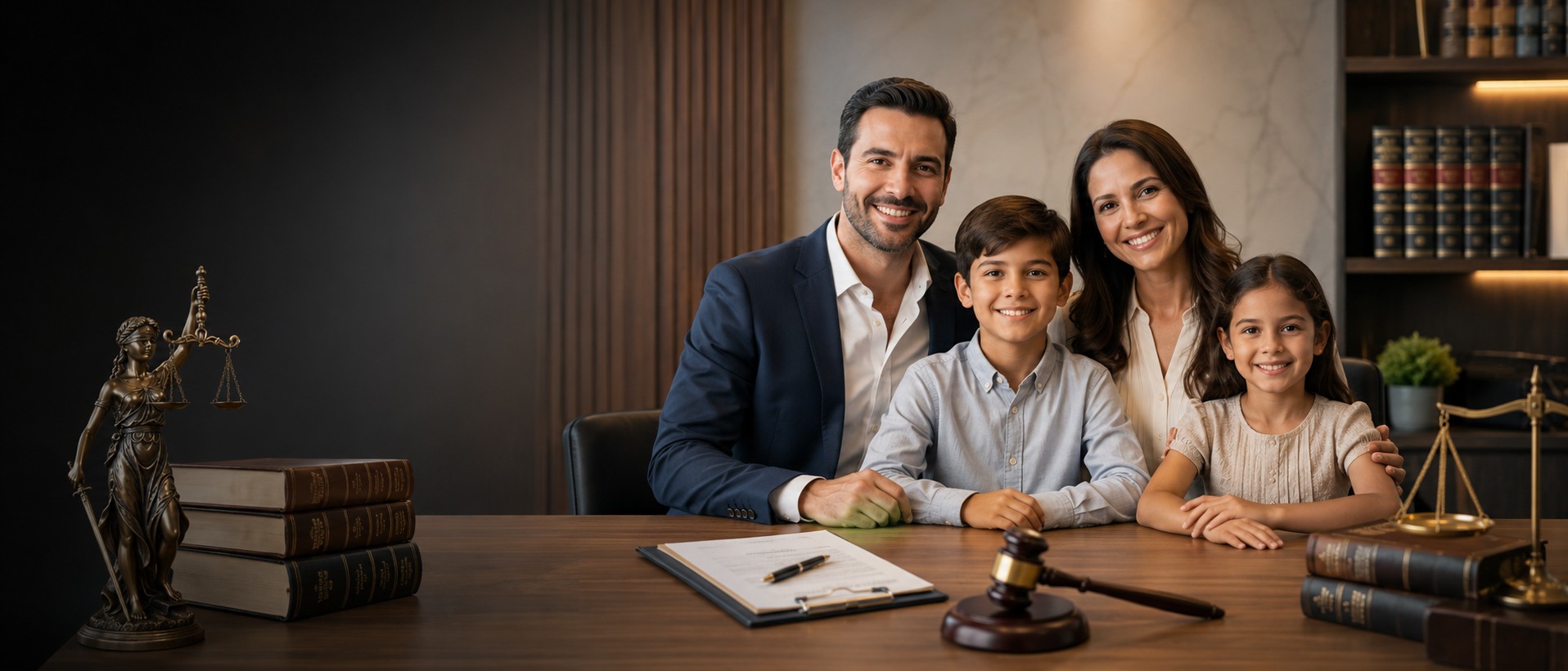 Familia acompañada por elementos que representan protección jurídica y patrimonial